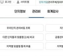 K-apt 공동주택관리정보시스템 관리비 메뉴 화면 (우리단지 관리비등 조회, 다른 단지와 1:1 비교)