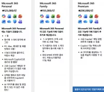 microsoft.com Microsoft 365 플랜 가격 비교 화면