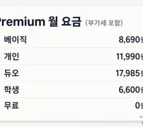 Premium 베이직 8690원 개인 11990원 듀오 17985원 학생 6600원