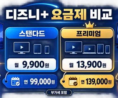 디즈니 플러스 스탠다드 프리미엄 월간 연간 가격 비교